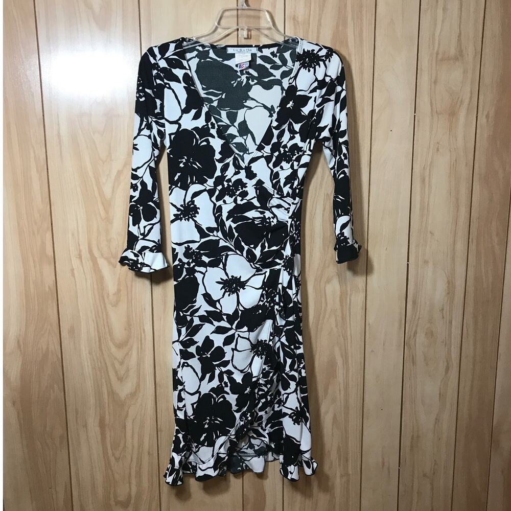 La Bella Vintage Black White Floral Ruffled Long Sleeve Wrap Midi Women Dress S